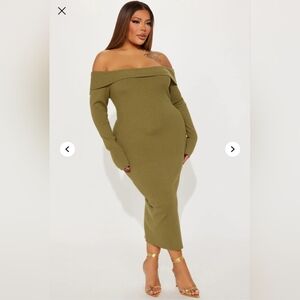 Fashion Nova Green Ribbed Off-Shoulder Bodycon Dress